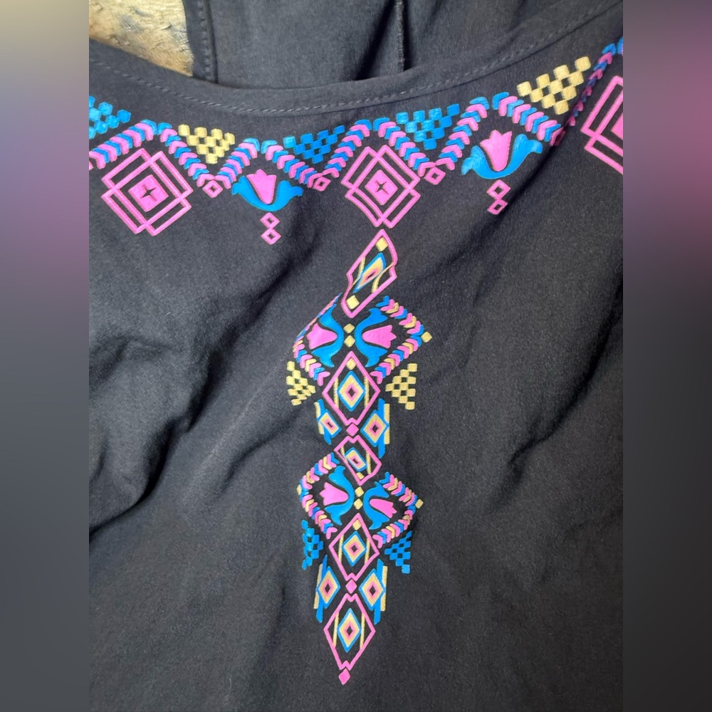 Black Aztec Summer Dress with Colorful Geometric Patterns Women’s Small